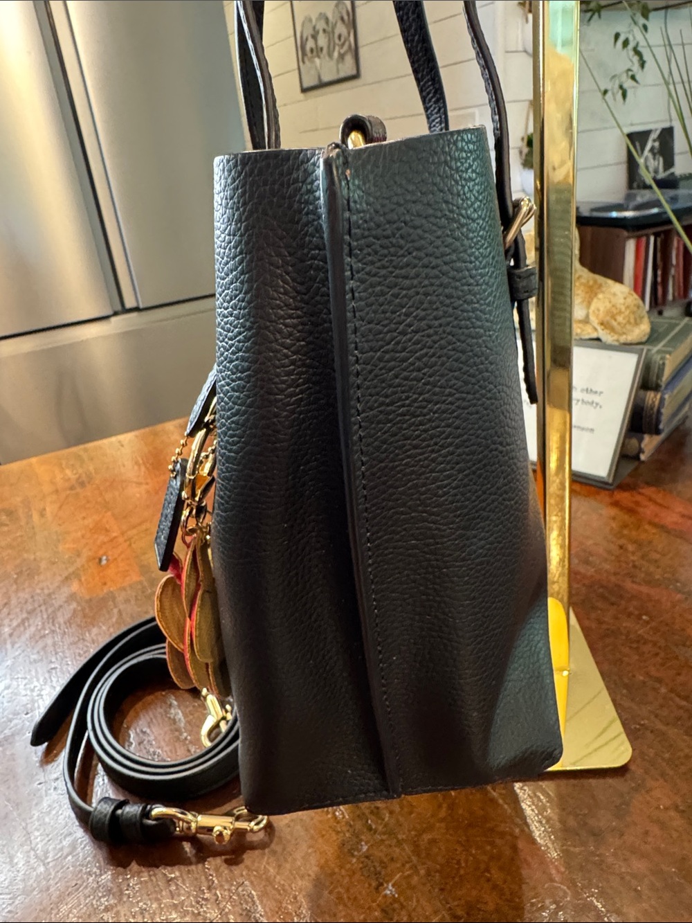 Coach Mollie Black Pebbled Leather Tote with Red Flower Charm - Picture 4 of 16